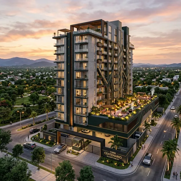 Render exterior de Torre Centenario en Villa de Pozos